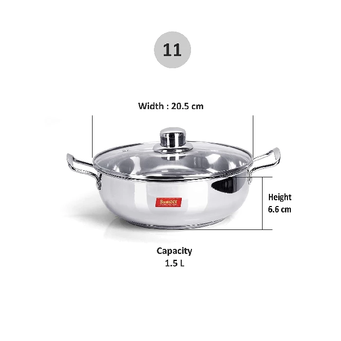 Sumeet Stainless Steel kadhai with Glass lid 1.5 litres Capacity 20.5 x 20.5 x 6.6 Centimeters 2 Piece - Image 3