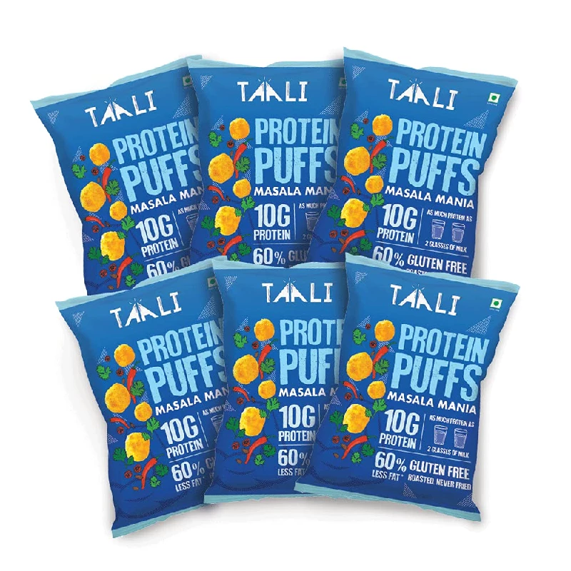 Taali Jowar & Protein Masala Mania Puffs (Pack of 6) Taali Jowar & Protein Masala Mania Puffs (Pack of 6)-Pack Size-60 g (Each)