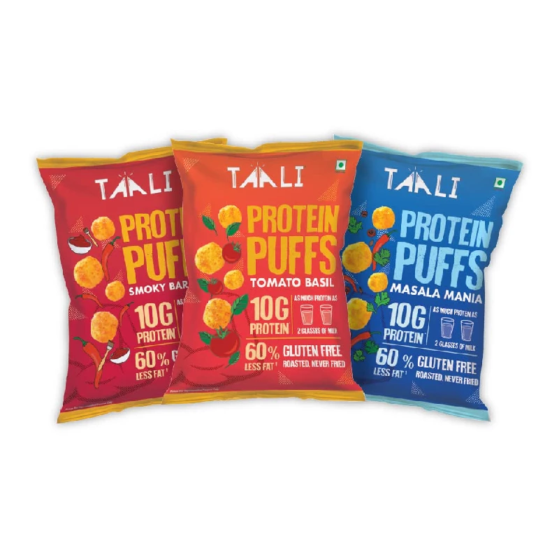 Taali Jowar Tomato Basil, Masala Mania, Smoky Barbeque Protein Puffs Taali Jowar Tomato Basil, Masala Mania, Smoky Barbeque Protein Puffs-Pack Size-(Pack of 3) 60 g Each