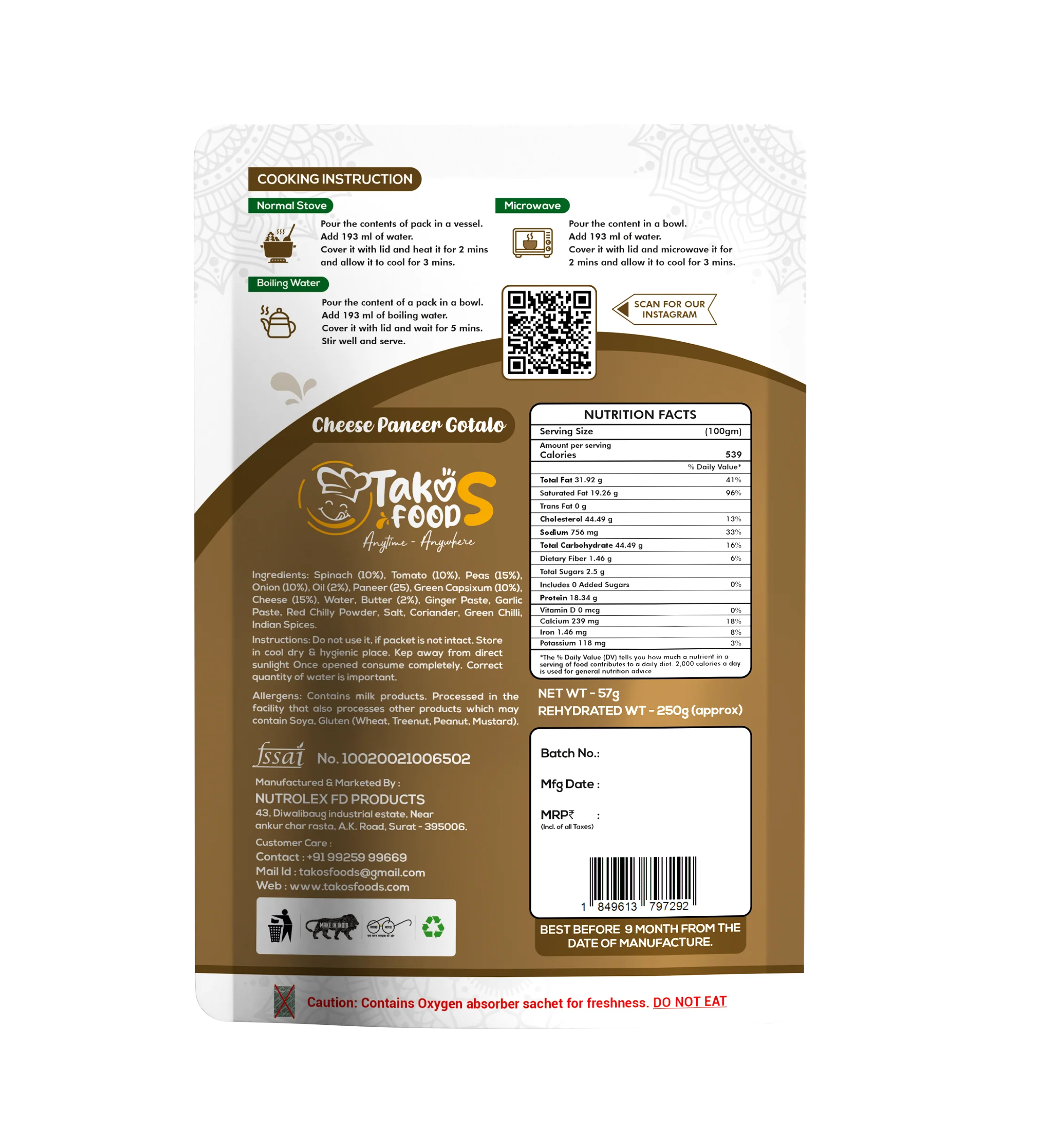 Takos Foods Cheese Paneer Gotalo - Image 2
