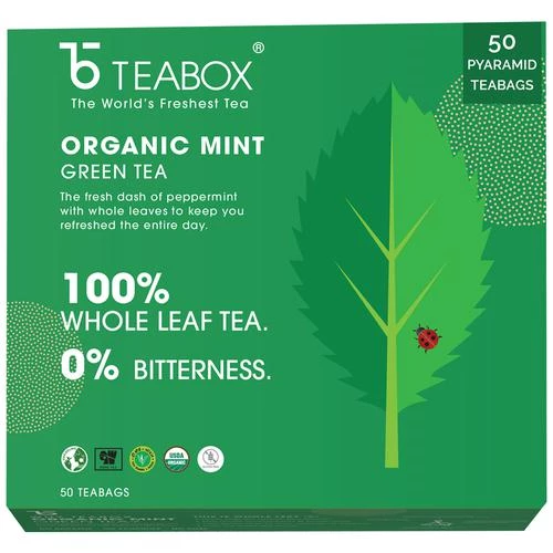 Teabox Mint Green Tea Bags - Whole Leaf & Natural Flavour Blend Teabox Mint Green Tea Bags - Whole Leaf & Natural Flavour Blend--104 g (50+2 Bags x 2 g each)