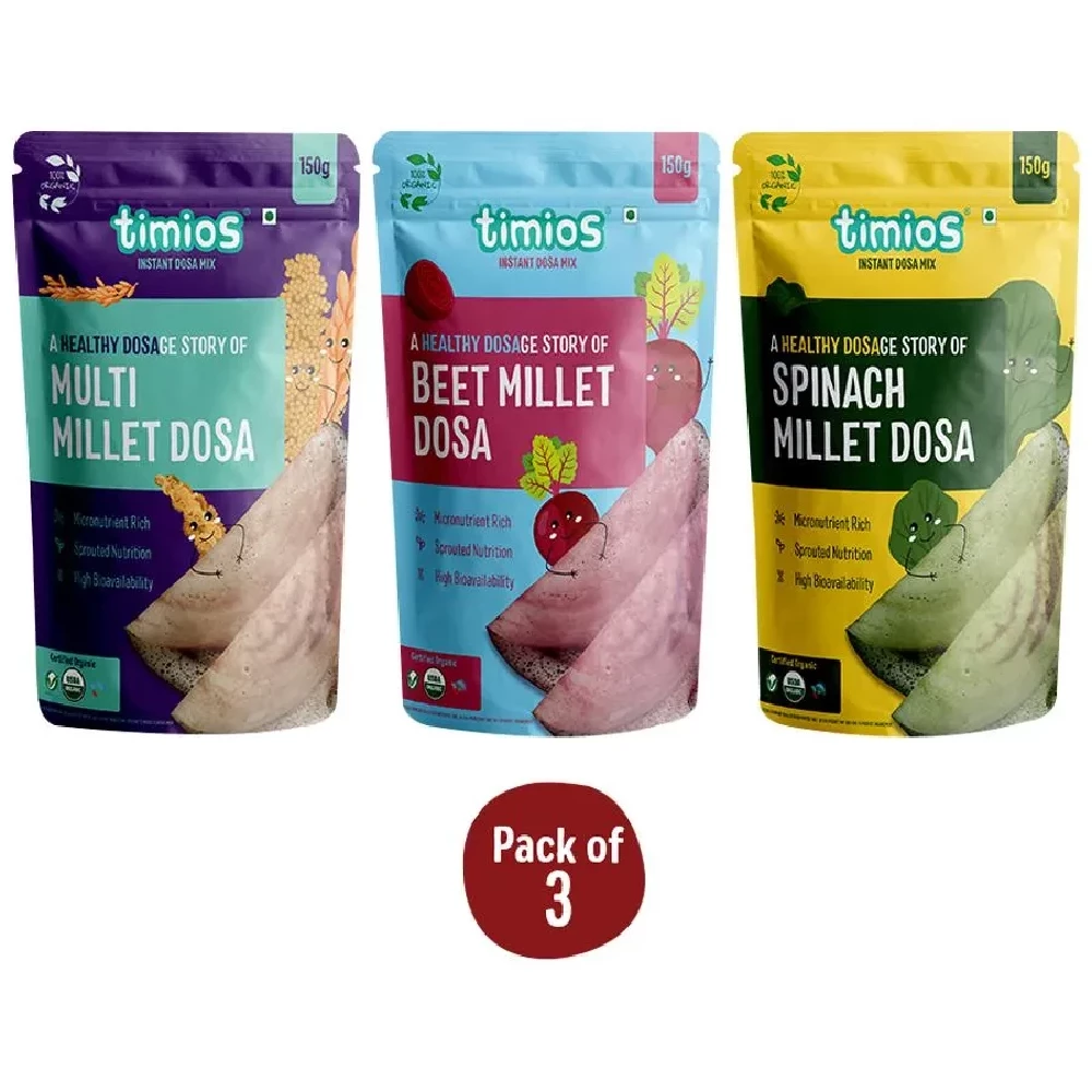 Timios Organic Dosa Mix - Multi Millet + Spinach + Beetroot Timios Organic Dosa Mix - Multi Millet + Spinach + Beetroot--450 g (3 pcs x 150 g each)