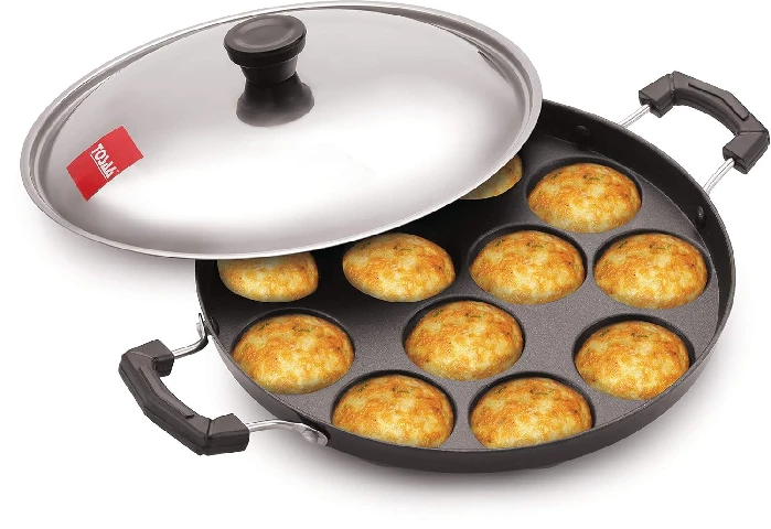 Tosaa Aluminium 12 Cavity Appam Patra Paniyarakkal Two Side Handle With Steel Lid & Wooden Picker, ( 23 Cm, Black)