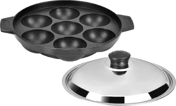 Tosaa Non Stick 7 Cavity Appam Patra With Lid, 17 Cm Silver & Black