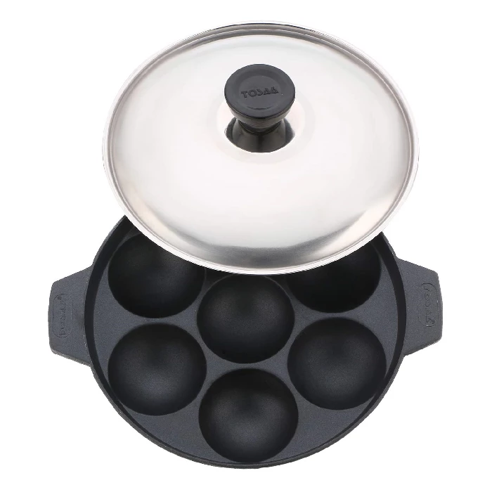Tosaa Non Stick 7 Cavity Appam Patra with Lid, 17 cm - Silver & Black - Image 3