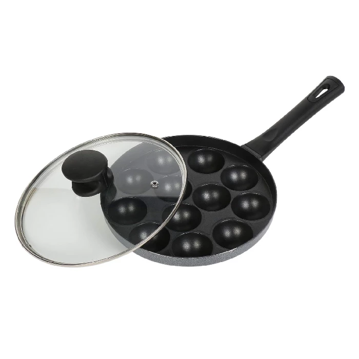 Tosaa Non Stick Heavy Duty Aluminium 12 Cavity Appam Patra Paniyarakkal One Side Handle With Glass Lid (marble Grey)