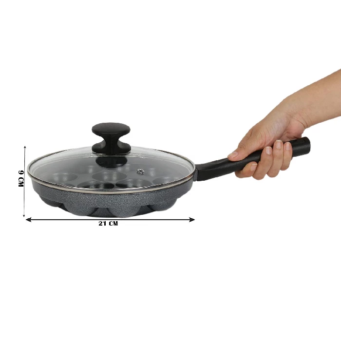 Tosaa Non-Stick Heavy Duty Aluminium 12 Cavity Appam Patra Paniyarakkal One Side Handle with Glass lid (Marble Grey) - Image 2
