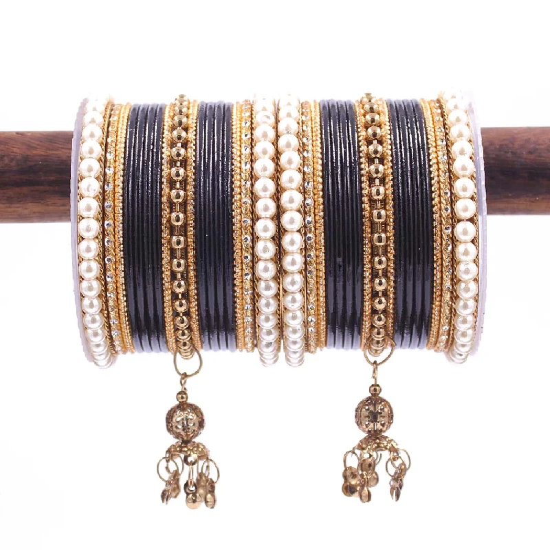 Traditional Designer Pearl & Jhumki Bangles Set-Imitation Jewellery, Black