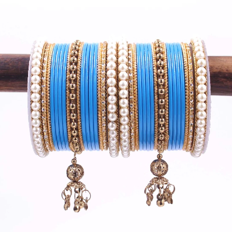 Traditional Designer Pearl & Jhumki Bangles Set-Imitation Jewellery, Firozi Blue