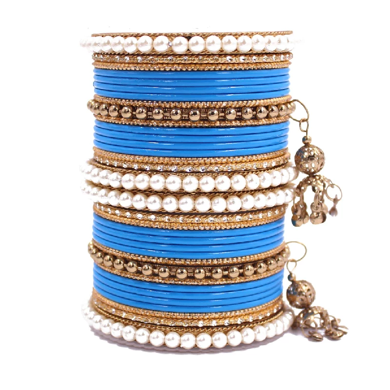 Traditional Designer Pearl & Jhumki Bangles Set-Imitation Jewellery, Firozi Blue - Image 2