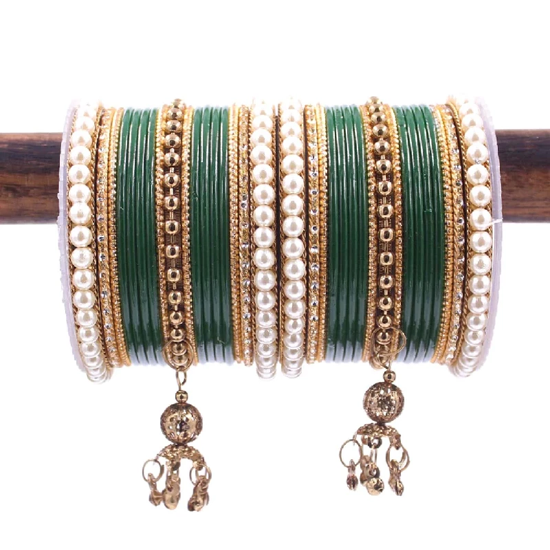 Traditional Designer Pearl & Jhumki Bangles Set-Imitation Jewellery, Green