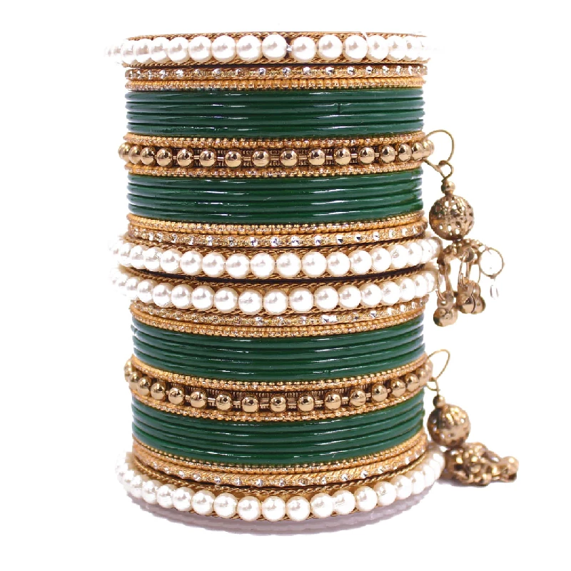 Traditional Designer Pearl & Jhumki Bangles Set-Imitation Jewellery, Green - Image 2