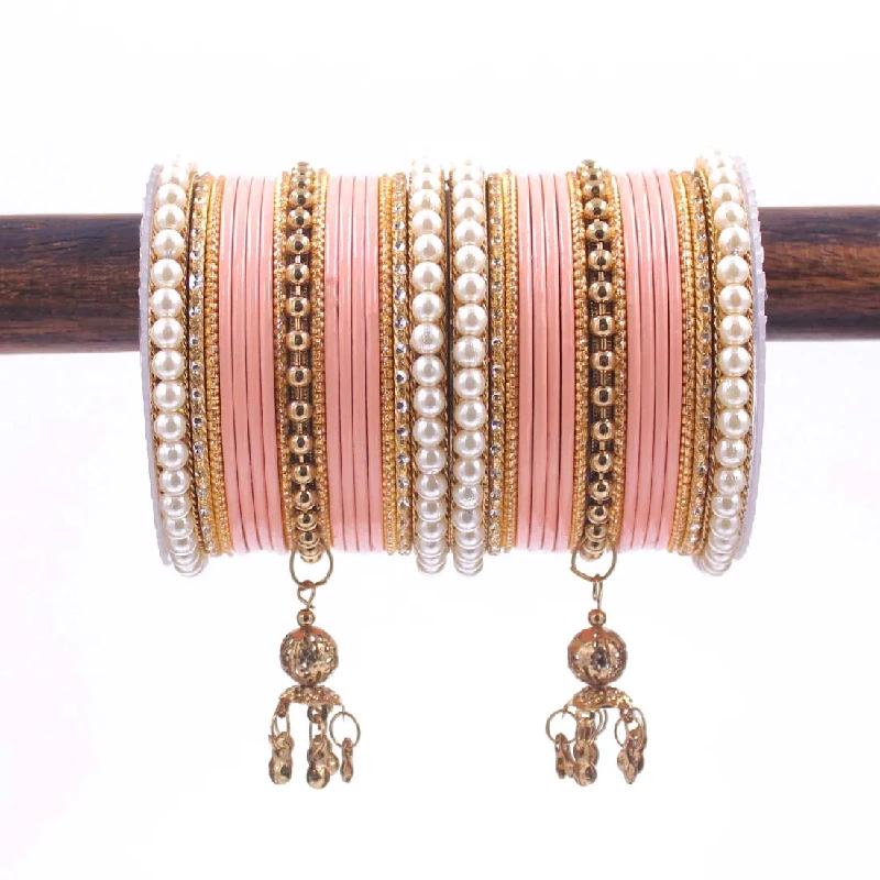 Traditional Designer Pearl & Jhumki Bangles Set-Imitation Jewellery, Peach Pink