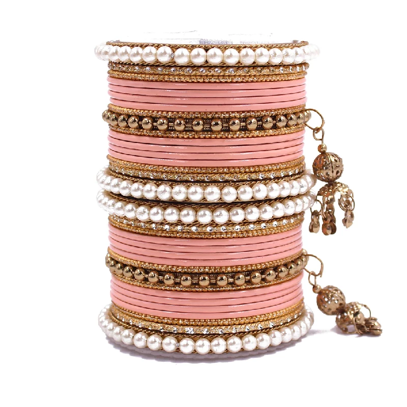 Traditional Designer Pearl & Jhumki Bangles Set-Imitation Jewellery, Peach Pink - Image 2