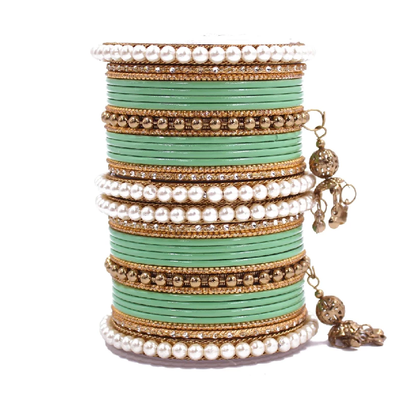 Traditional Designer Pearl & Jhumki Bangles Set-Imitation Jewellery, Pista - Image 2
