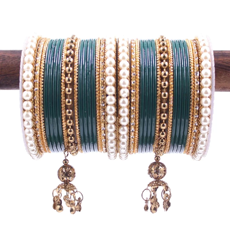 Traditional Designer Pearl & Jhumki Bangles Set-Imitation Jewellery, Radium Teal