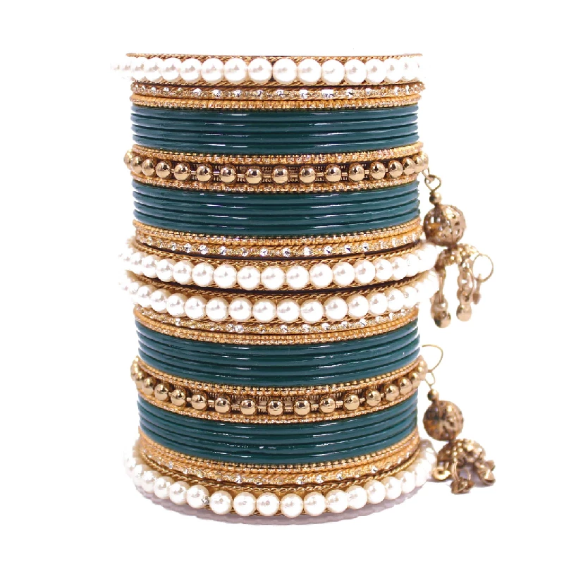 Traditional Designer Pearl & Jhumki Bangles Set-Imitation Jewellery, Radium Teal - Image 2