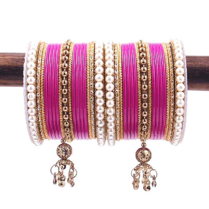 Traditional Designer Pearl & Jhumki Bangles Set-Imitation Jewellery, Rani Pink