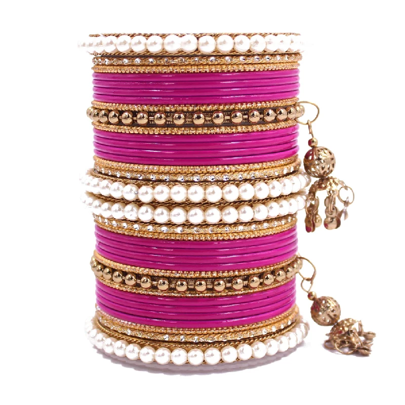 Traditional Designer Pearl & Jhumki Bangles Set-Imitation Jewellery, Rani Pink - Image 2