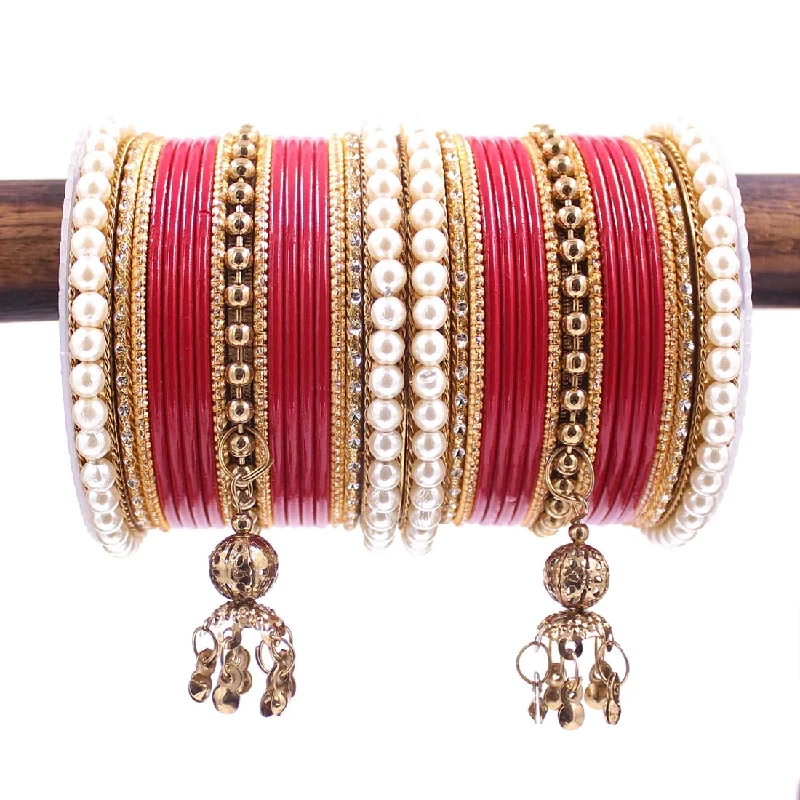 Traditional Designer Pearl & Jhumki Bangles Set-Imitation Jewellery, Red