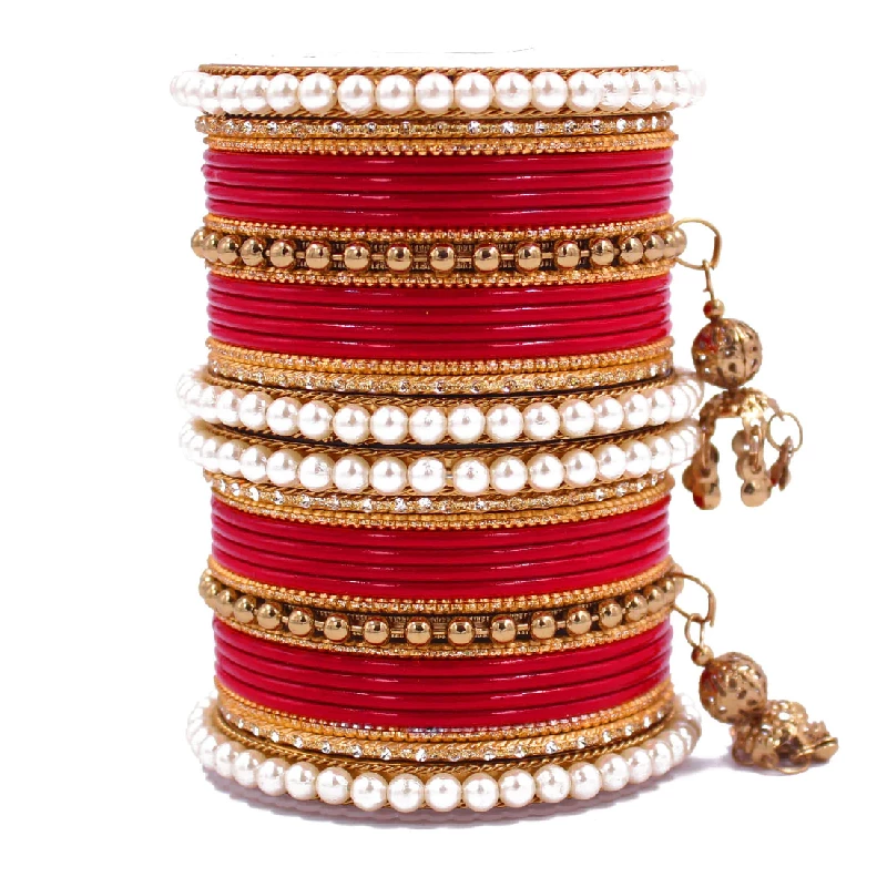 Traditional Designer Pearl & Jhumki Bangles Set-Imitation Jewellery, Red - Image 2