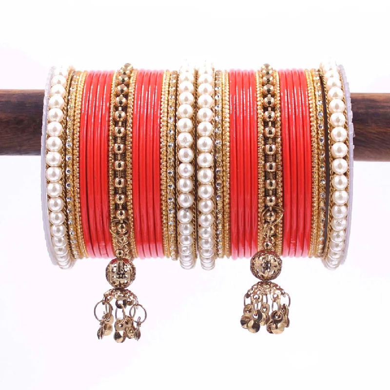 Traditional Designer Pearl & Jhumki Bangles Set-Imitation Jewellery, Reddish Orange