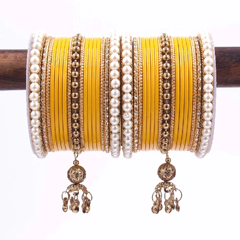 Traditional Designer Pearl & Jhumki Bangles Set-Imitation Jewellery, Yellow