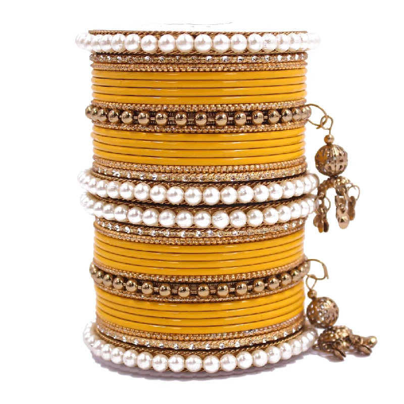 Traditional Designer Pearl & Jhumki Bangles Set-Imitation Jewellery, Yellow - Image 2
