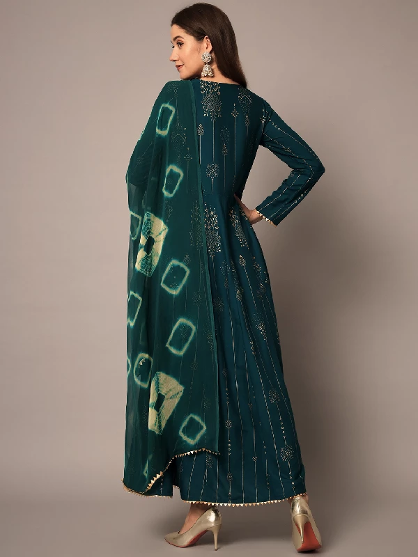 Traditional Function Wear Rayon Readymade Suit, Chiffon-Teal - Image 3