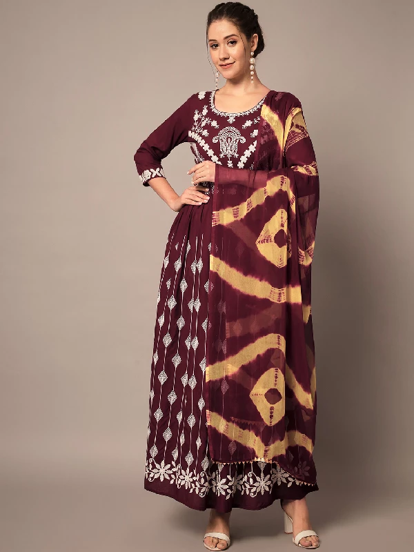 Traditional Function Wear Rayon Readymade Suit, Maroon-Multi - Image 1