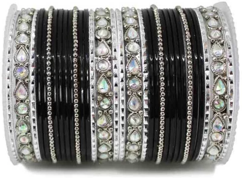 Silver Radium Polish Black Color Bangles in Metal Alloy with Kundan work