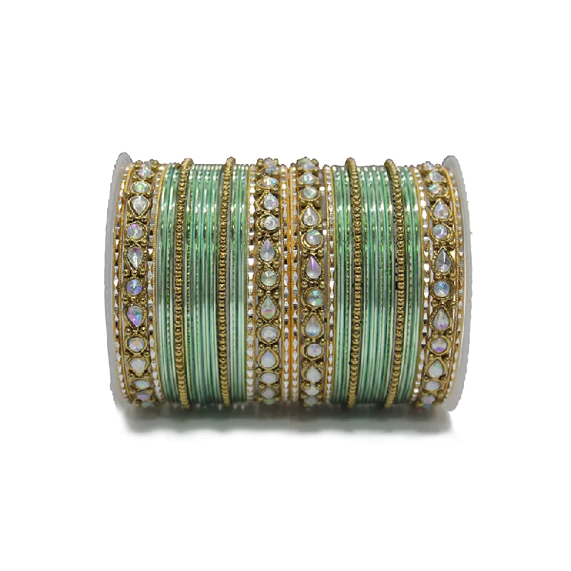 Gold Radium Polish Mint Color Bangles in Metal Alloy with Kundan work