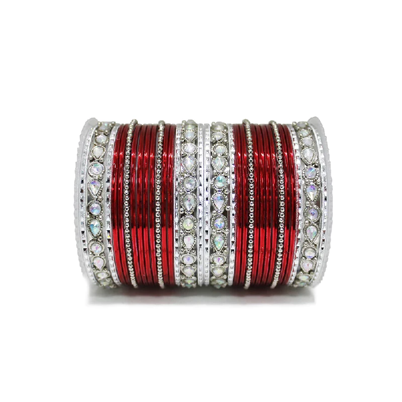Silver Radium Polish Red Color Bangles in Metal Alloy with Kundan work