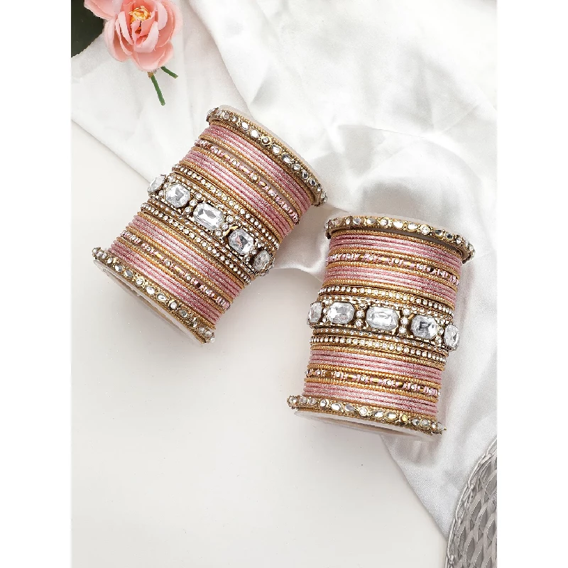 Traditional Trendy Designer Bangle Set With Kundan Stones, Rose Pink