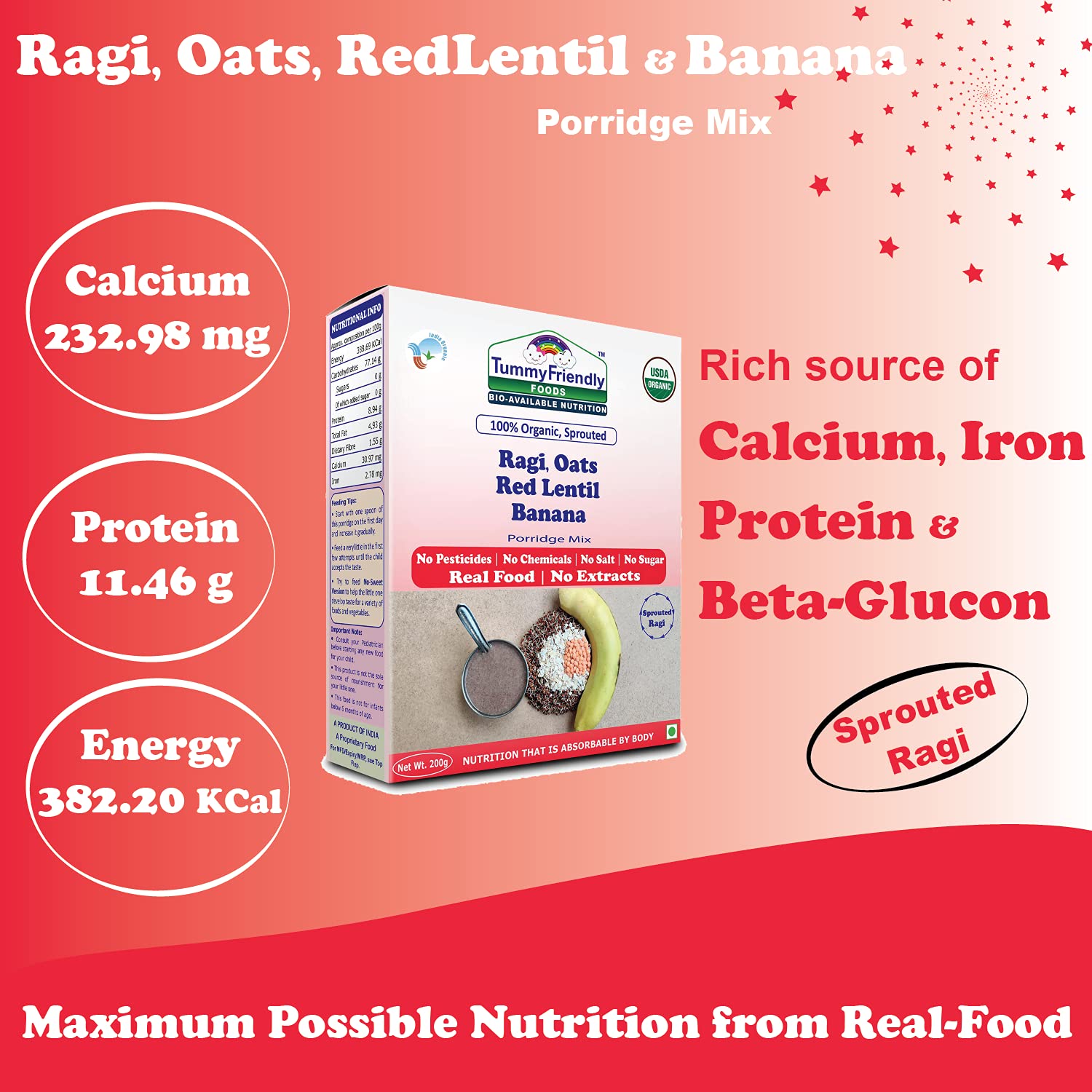 TummyFriendly Foods Organic Sprouted Ragi, Oats, Red Lentil, Banana Porridge Mix - Image 3