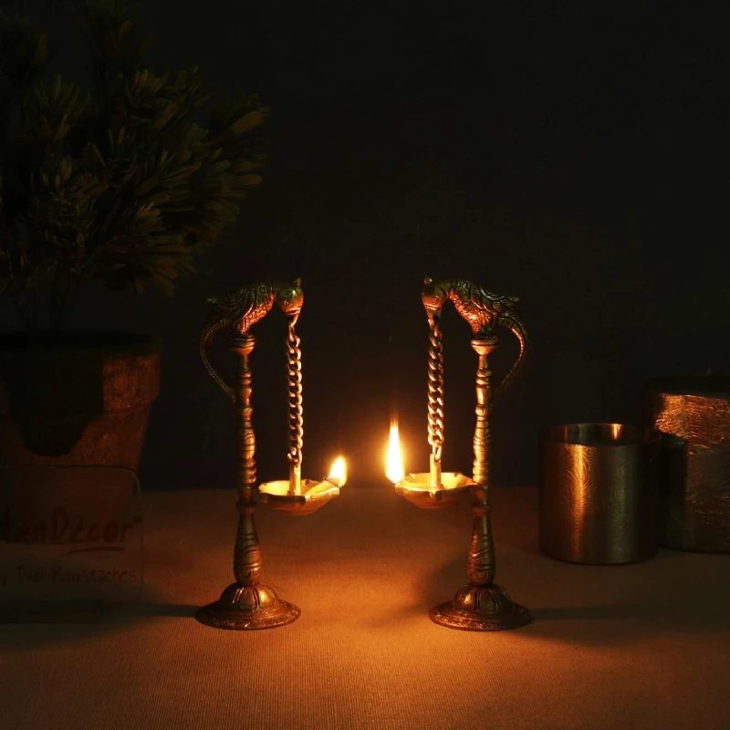 Two Moustaches Parrot Design Brass Hanging Diya Pair - Image 2
