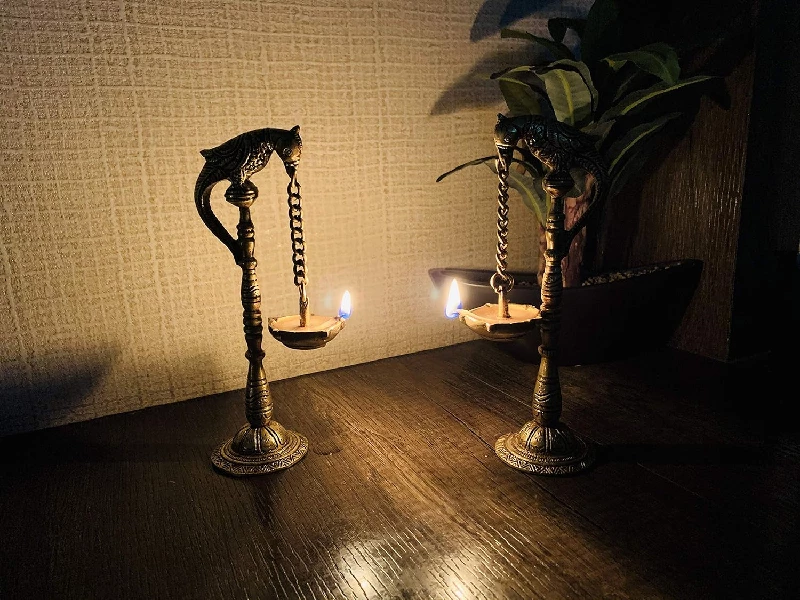 Two Moustaches Parrot Design Brass Hanging Diya Pair - Image 3