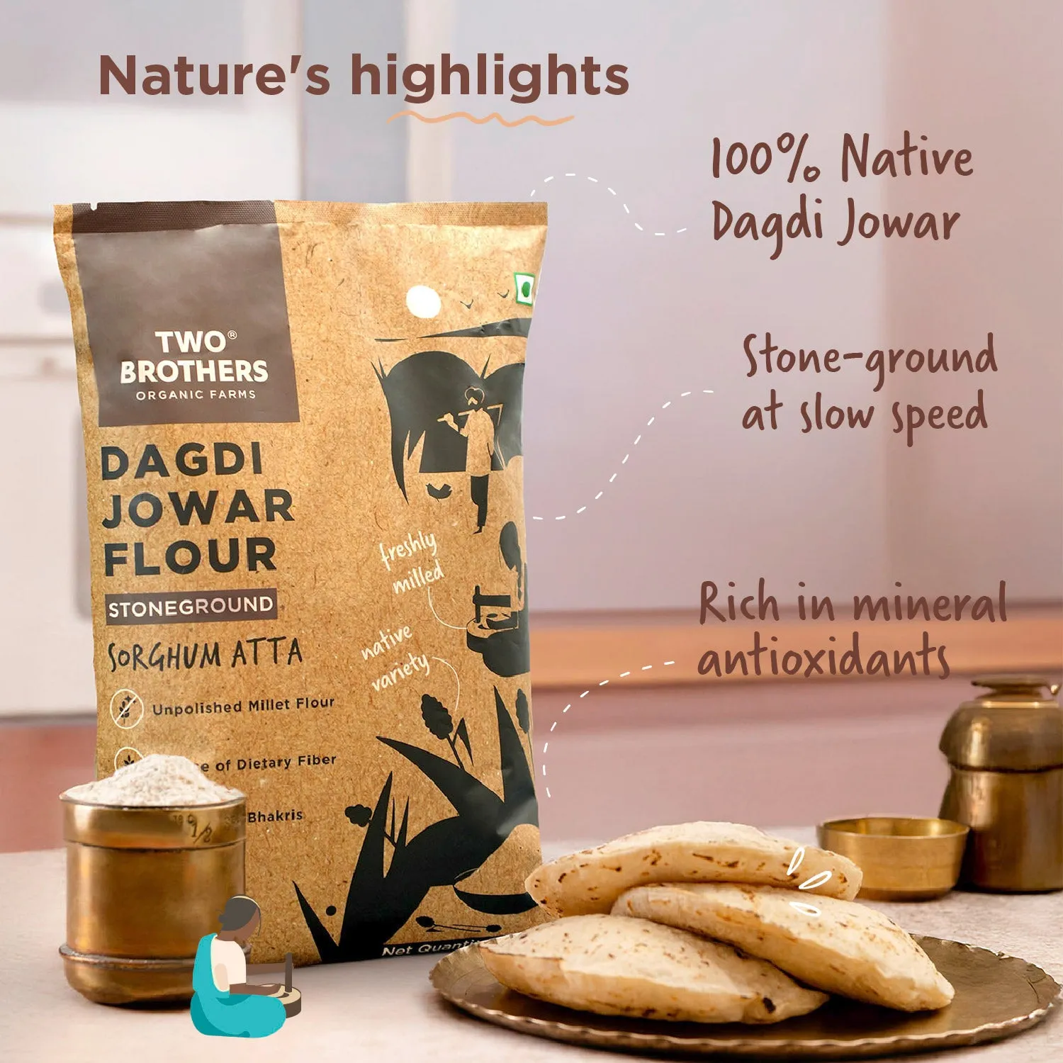 Two Brothers Jowar (Sorghum) Atta, Desi Dagdi Stoneground - Image 3