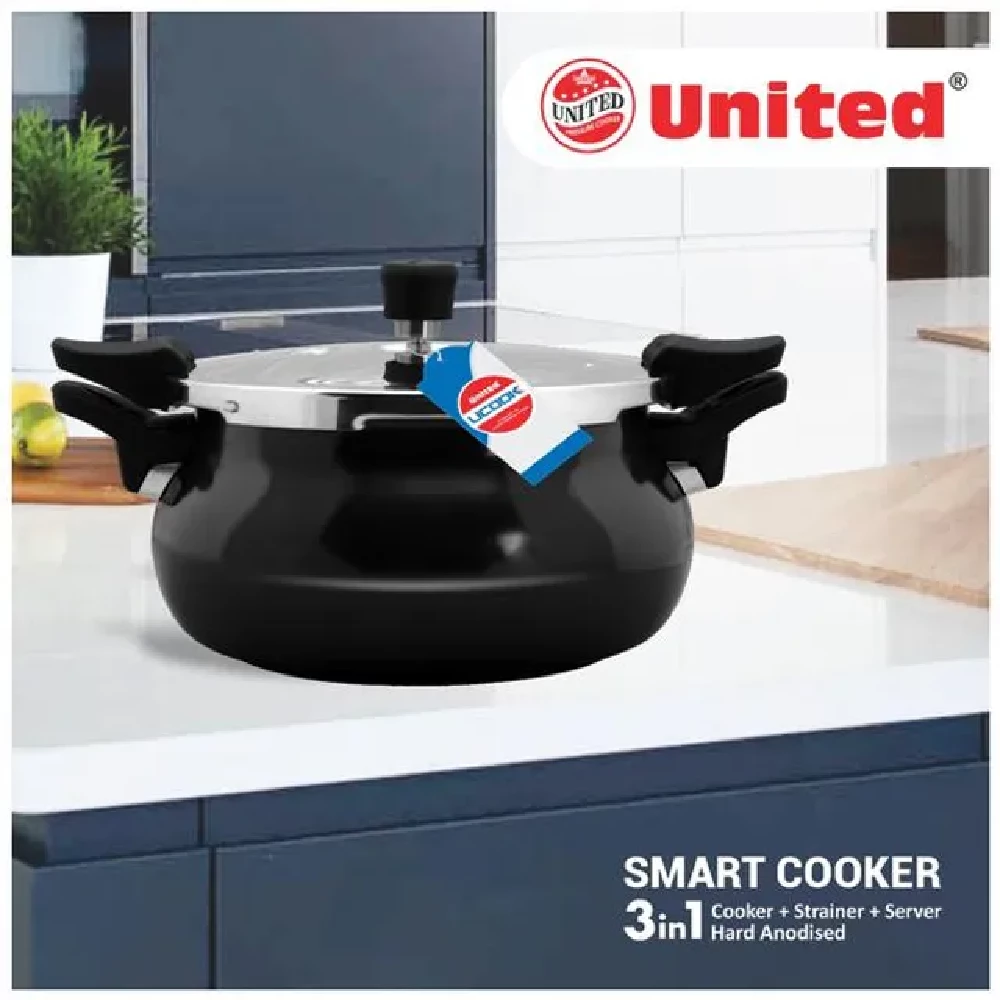 United 3-In-1 Aluminium Pressure Cooker - Smart, Induction Base, Hard Anodised, Black - Image 2