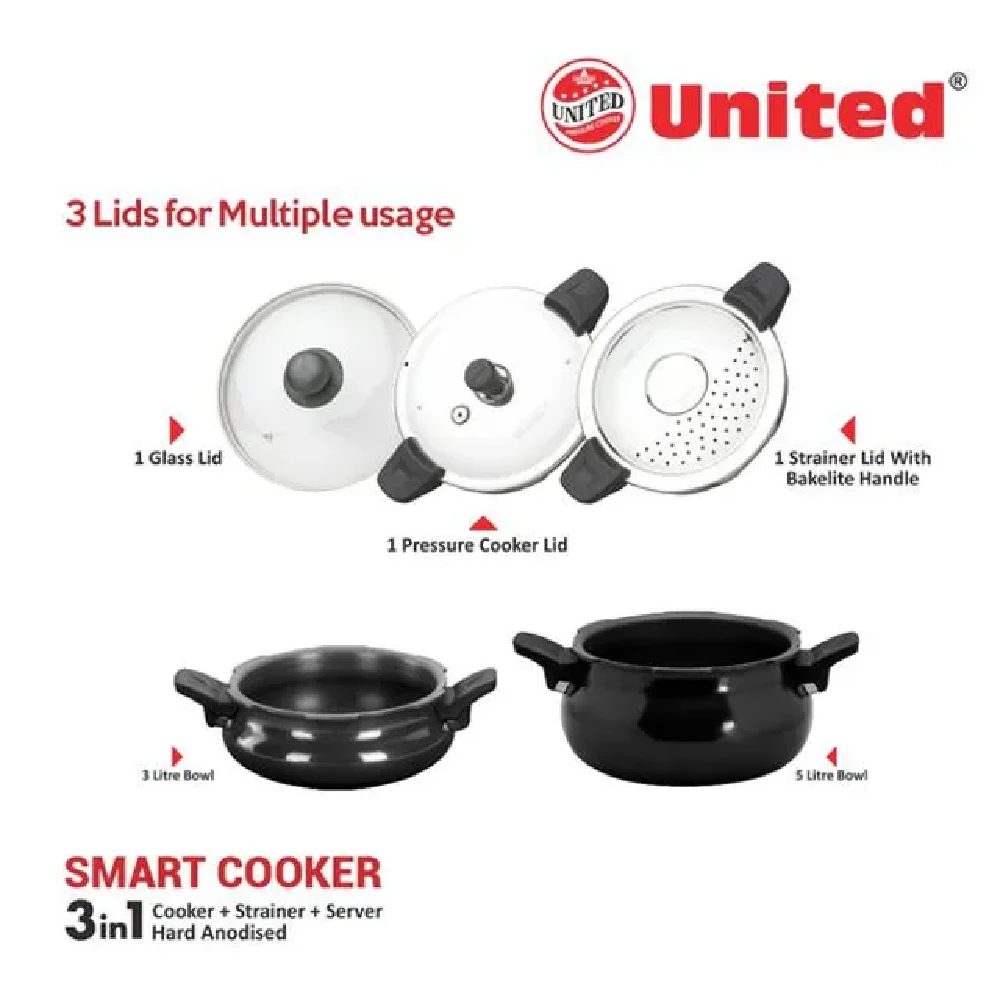 United 3-In-1 Aluminium Pressure Cooker - Smart, Induction Base, Hard Anodised, Black - Image 3