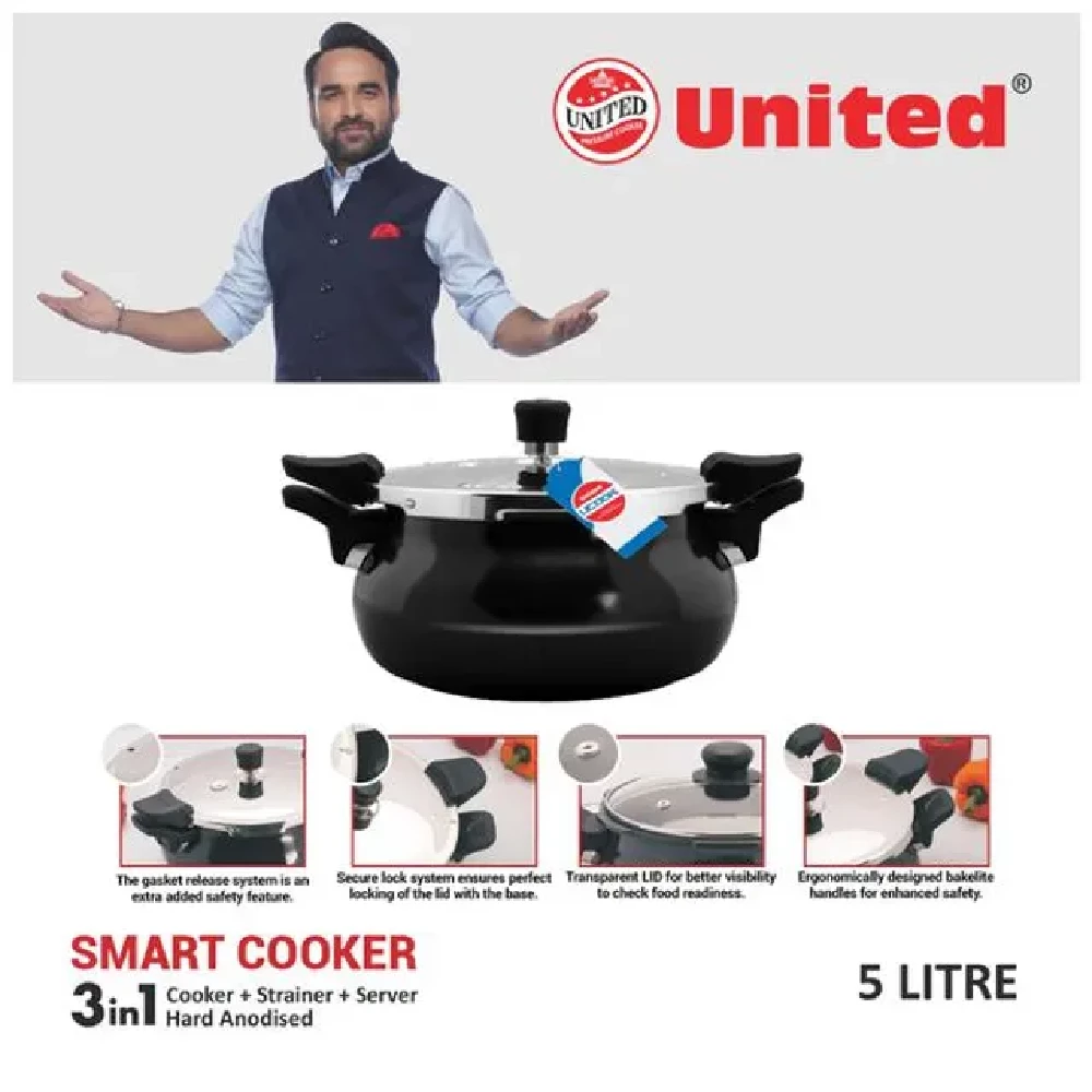 United 3-In-1 Aluminium Pressure Cooker - Smart, Induction Base, Hard Anodised, Black - Image 4