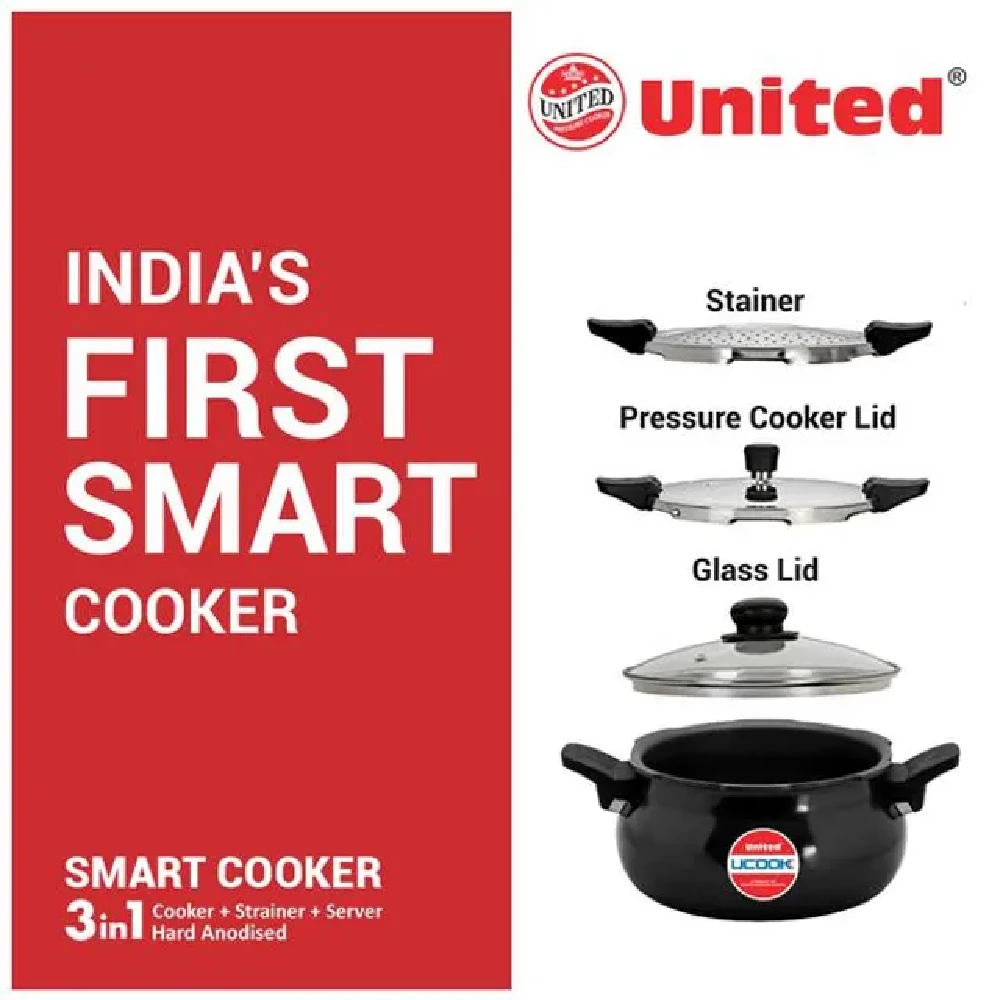 United 3-In-1 Aluminium Pressure Cooker - Smart, Induction Base, Hard Anodised, Black - Image 5