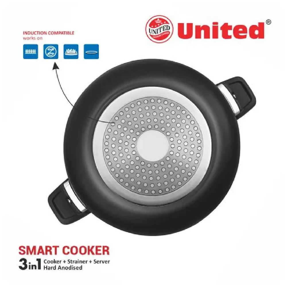 United 3-In-1 Aluminium Pressure Cooker - Smart, Induction Base, Hard Anodised, Black - Image 6