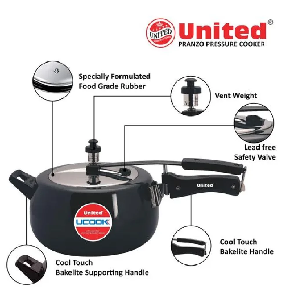 United Hard Anodised Steel Inner Lid Pressure Cooker - Induction Base, Black - Image 4