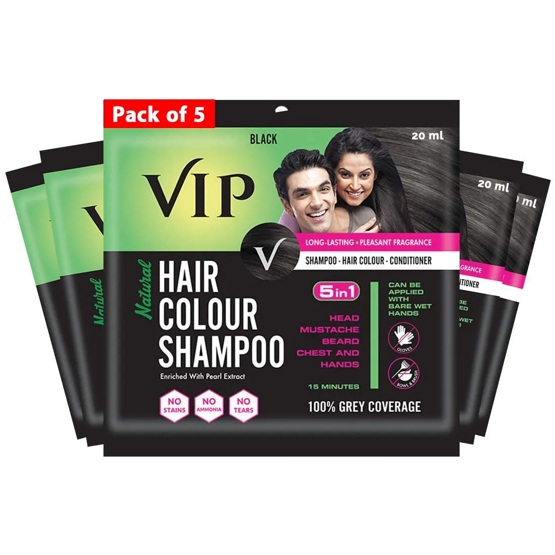 VIP Hair Colour Shampoo Black 20 ml VIP Hair Colour Shampoo Black 20 ml-Pack Size-Pack of 5