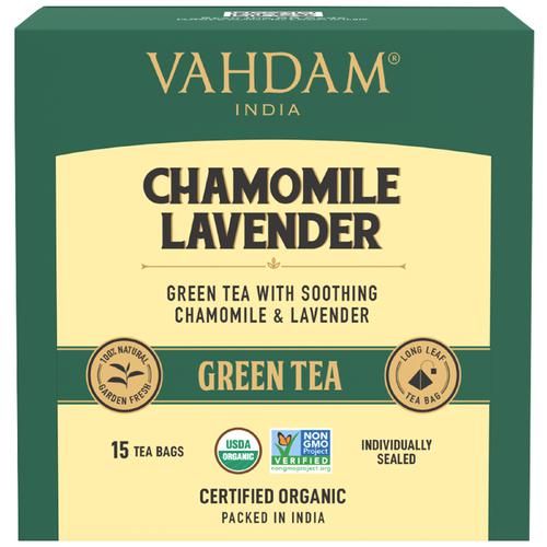 Vahdam  Chamomile Lavender Green Tea Bags - Calming Tea For Sleep Vahdam  Chamomile Lavender Green Tea Bags - Calming Tea For Sleep--30 g (15 Pyramid Bags x 2 g each)