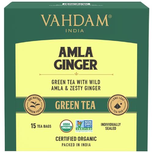 Vahdam  Organic Amla Ginger Green Tea Bags - Vitamin C Vahdam  Organic Amla Ginger Green Tea Bags - Vitamin C--30 g (15 Pyramid Bags x 2 g each)