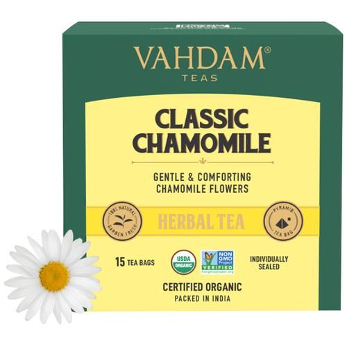Vahdam  Organic Classic Chamomile Tea Bags - Stress Relief & Calming Tea For Sleep Vahdam  Organic Classic Chamomile Tea Bags - Stress Relief & Calming Tea For Sleep--30 g (15 Pyramid Bags x 2 g each)
