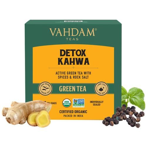 Vahdam  Organic Detox Kahwa Green Tea Bags - Ayurvedic Kahwa For Cold Relief Vahdam  Organic Detox Kahwa Green Tea Bags - Ayurvedic Kahwa For Cold Relief--30 g (15 Pyramid Bags x 2 g each)