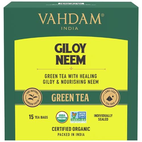 Vahdam  Organic Giloy Neem Green Tea Bags - Detox Tea For Weight Loss & Immunity Vahdam  Organic Giloy Neem Green Tea Bags - Detox Tea For Weight Loss & Immunity--30 g (15 Pyramid Bags x 2 g each)
